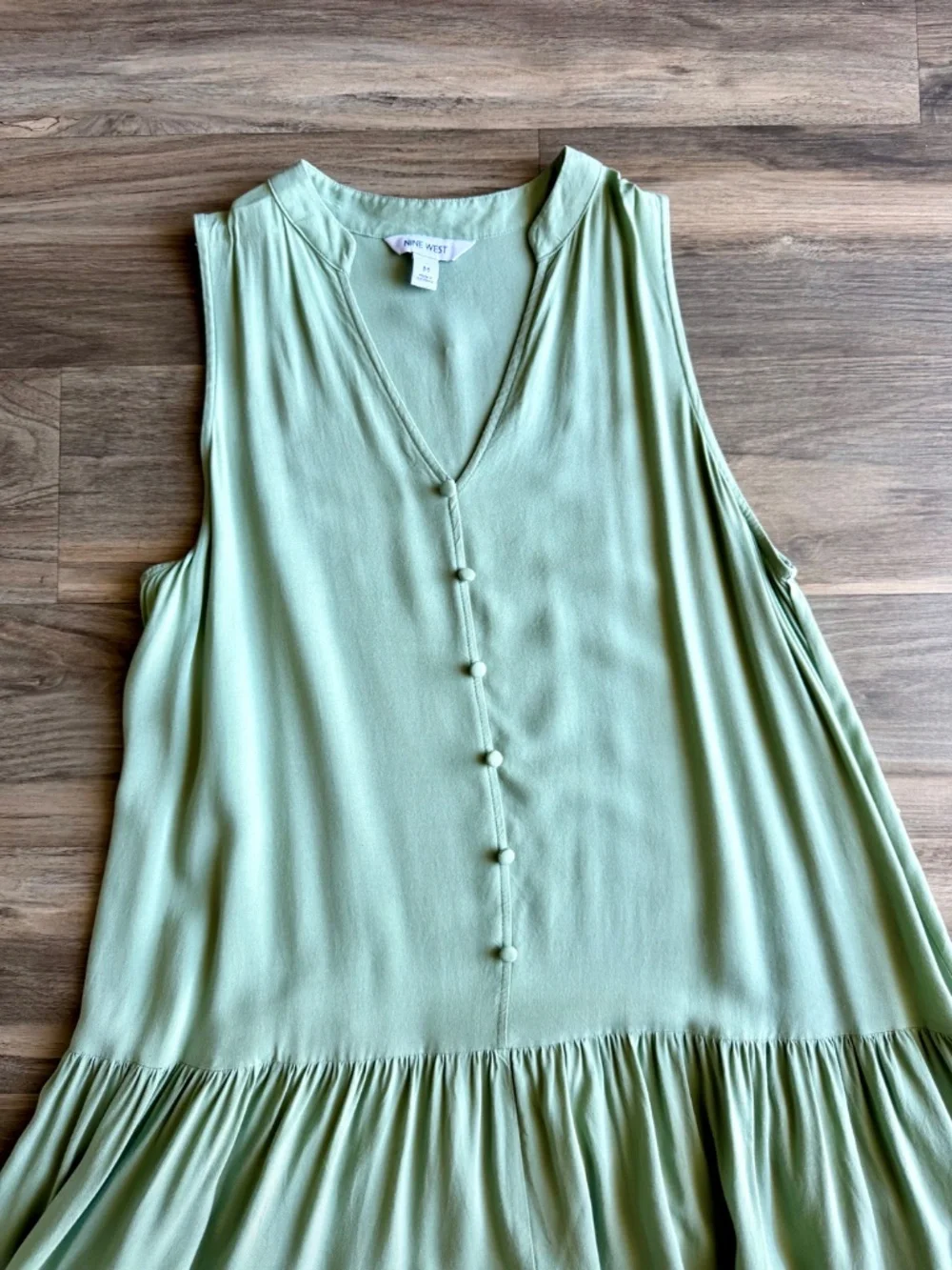 Coastal Minimalist Medium Mini Dress Tiered‎ Hem Button Front Sage